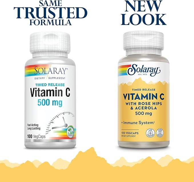 Solaray C w/Rose HIPS & Acerola Two-Stage, Timed-Release, Veg Cap (Btl-Plastic) 500mg | 100ct