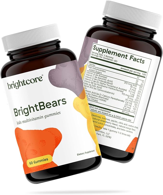 BrightBears Gummy Bear Kids Vitamins with Vitamins A, C, D, E, B6, B12, Biotin, Zinc, Kids Multivitamin Gummies, Multivitamin for Kids, Non-GMO, Gluten-Free, 60 Gummies Nutrition