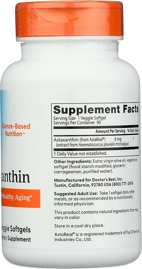Doctor's Best Astaxanthin, Powerful Antioxidant, Skin, Eye Health, Non-GMO, Gluten Free, Vegan, Soy Free, 6 mg, 90VSG