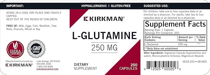 L-Glutamine 250 mg - Hypoallergenic | 250 Vegetarian Capsules | Amino Acid | Gluten and Casein Free