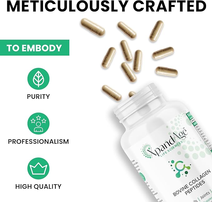 XpandAge's Bovine Collagen Peptides contain Biotin, Niacin, Vitamin C, Vitamin D, Thiamin, Paba, Hyaluronic acid, Turmeric, Bioperine, and more for healthy Hair, Nails, Beauty, Joint, and Bone health.