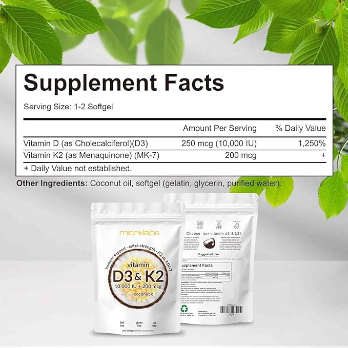 Microlabs D3 K2, Vitalboost Vitamin D3 K2 Supplement Softgels, 2-in-1 Vitamin D3 K2 Supplement Softgel, 10000 Iu VIT D3 + 200 Mcg Vitamin K2, Free of GMO, Gluten, Aiding in Calcium Absorption (180)
