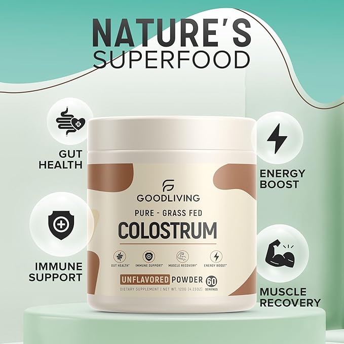 Colostrum Supplement Powder for Immune Support, Gut Health, Muscle Support & Wellness - Grass Fed Bovine Colostrum for Humans, Natural IgG Pure Whole Colostrum, Unflavored, 60 Servings