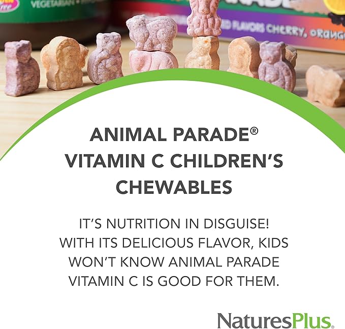 NaturesPlus Animal Parade Vitamin C Children's Chewable - Natural Orange Juice Flavor - 90 Animal-Shaped Tablets, Pack of 4 - Vegan, Vegetarian, Gluten Free - 180 Total Servings