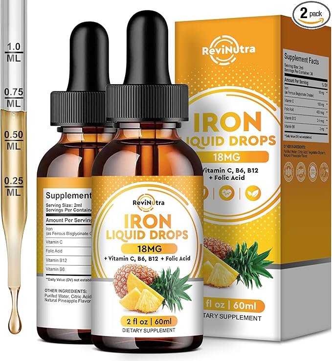 2 Pack Liquid Iron Supplement for Women, Men & Kids, Liquid Iron Drops with Folate, Vitamin C, B6, B12 for Anemia, Red Blood Cell, Energy Support, Pineapple Flavor