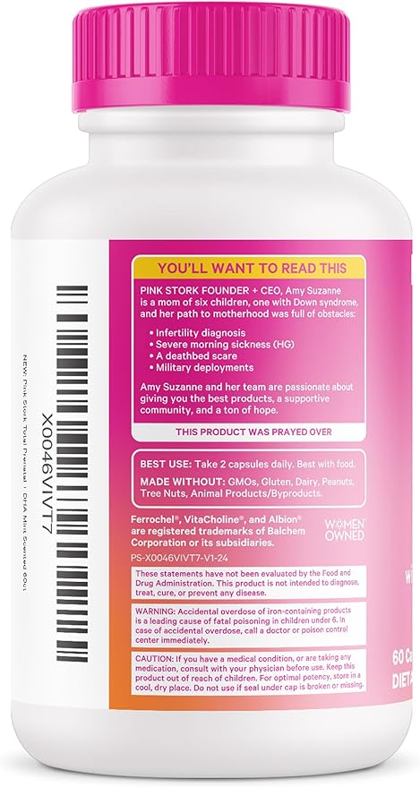 Pink Stork Total Prenatal Vitamins with DHA, Folate, Iron, Choline, and Vitamin B12 - Preconception Nutrition - Prenatals for Women, Pregnancy Must Haves - Mint Essence, 60 Capsules, 1 Month Supply