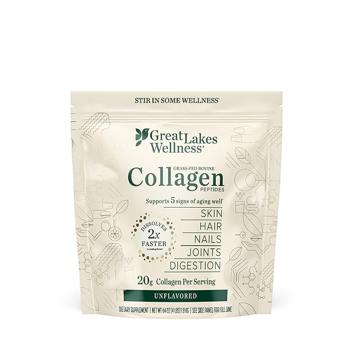 Great Lakes Wellness Collagen Peptides Powder for Skin, Hair, Nails, Joints & Digestion - Unflavored - Quick Dissolve Hydrolyzed, Non-GMO, Keto, Kosher - 4 lb. Value Pouch