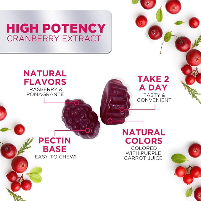Cranberry Gummies - Urinary Tract Health Gummy + Vitamin C - 25,000mg - Triple Strength Cranberry Concentrate Extract Supplement Pills, Ultimate Potency, Non-GMO, Gluten Free - 60 Gummies