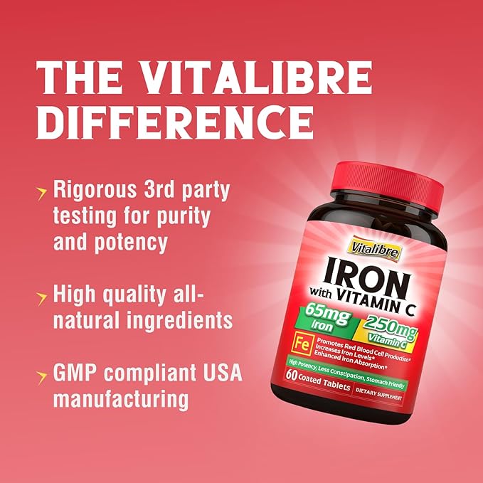 Iron Supplement, 65mg Carbonyl Iron with 250mg Vitamin C, Stomach Friendly Iron Pills for Blood Building Women & Men, High Absorption, No Nausea, No Constipation, Non-GMO, No Gluten, 60 Vegan Tabs