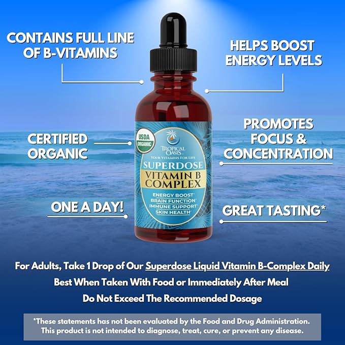 Superdose Organic Vitamin B Complex Liquid Drops | 125,000% DV Vitamin B12, B6, Biotin, Niacin, Folate | Energy, Brain Health, Immune Support | USDA Organic, Vegan, Non-GMO | 60 Serv, 2 Mo. Supply