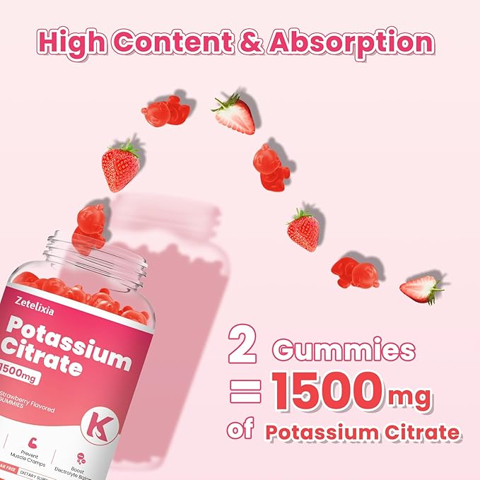 2 Pack Potassium Gummies for Adults & Women, 1500mg Potassium Citrate Supplement, Support Leg Cramps, Muscle Health & Electrolyte Balance, Sugar Free, Organic, Vegan, Strawberry, 120 Cts