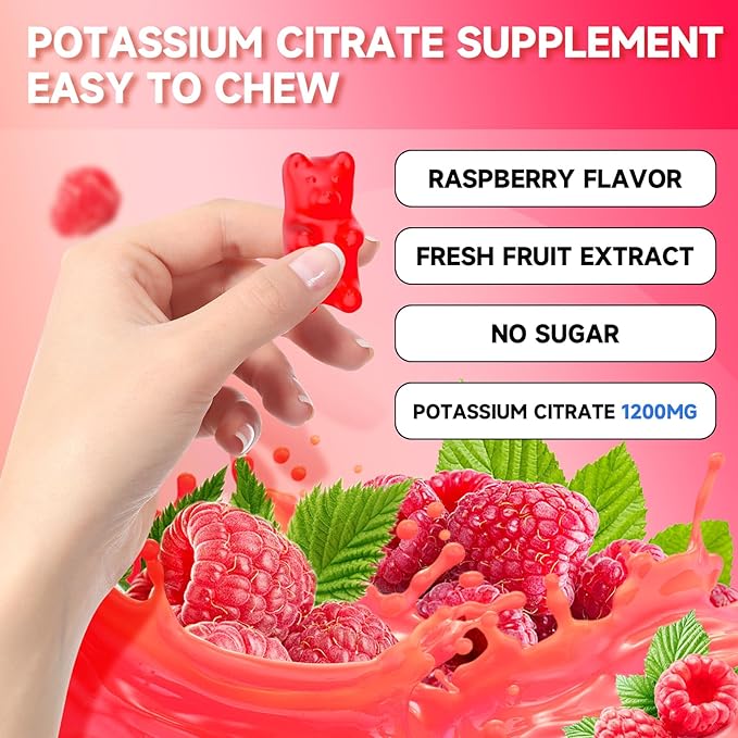 Potassium Citrate Gummies, High Potassium Supplement Gummies 1200mg Support Leg Cramps & Muscle Health, Potassium Gummies for Adults & Kids, Vegan, Raspberry Flavor 60 Count