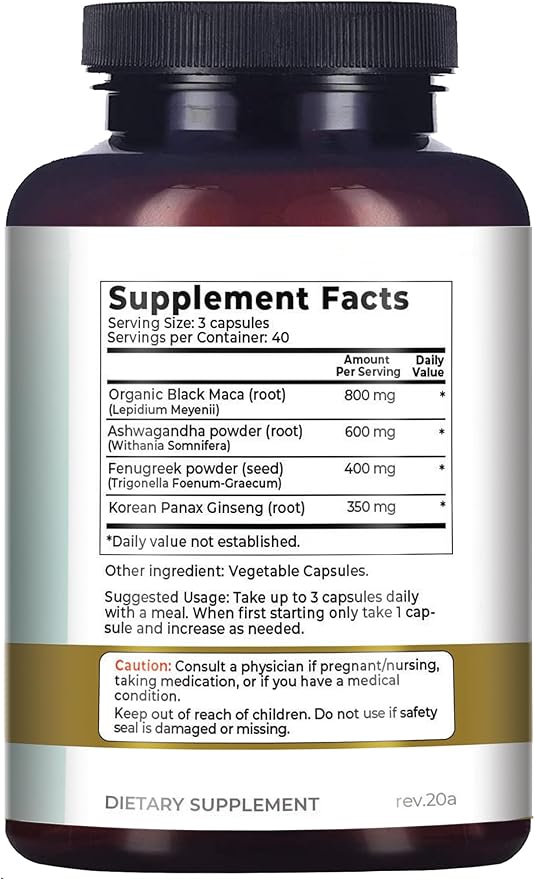 Why Not Natural 4-in-1 Organic Black Maca Root, Ashwagandha, Fenugreek, Panax Ginseng Capsules, Supplement for Men and Women (120 Count (Pack of 1)