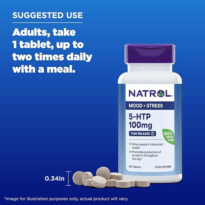 Natrol 5-HTP 100mg, Dietary Supplement Helps Support a Balanced Mood, Mood and Stress Support Supplement, 90 Time Release Tablets, 45-90 Day Supply