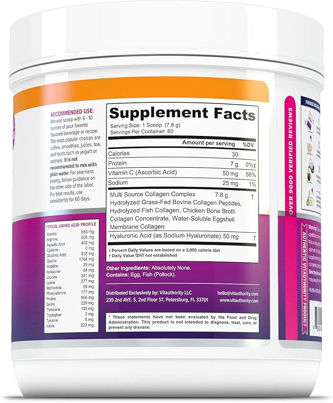 Multi Collagen Peptides Plus Hyaluronic Acid and Vitamin C Hydrolyzed Collagen Proteins Types I II III V and X 60 Servings Unflavored