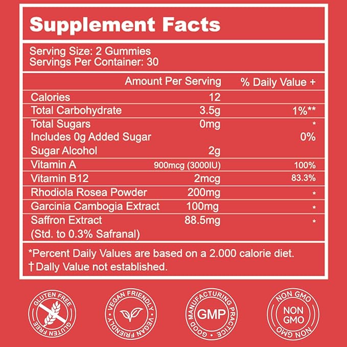 Saffron Supplements Gummies, Saffron Extract for Positive Mood & Calm Nerve, Boost Energy, with Garcinia Cambogia, Vitamin A, B12, Rhodiola Rosea - 120 Gummies