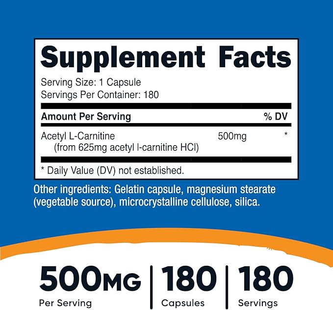 Nutricost Acetyl L-Carnitine 500mg, 180 Capsules - Non-GMO and Gluten Free