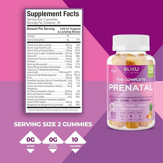 Complete Prenatal - Enriched with Calcium, Vitamin K2, Vitamin B12 and More Gummies - Easy to Chew - Non GMO, Gluten Sugar Free - Pineapple Peach Flavored Gummy Vitamins, 60 Count