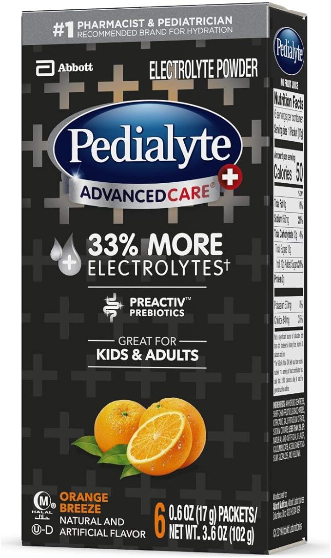 Pedialyte AdvancedCare Plus Electrolyte Powder, with 33% More Electrolytes and PreActiv Prebiotics, Orange Breeze, Electrolyte Drink Powder Packets, 0.6 oz, 6 Count