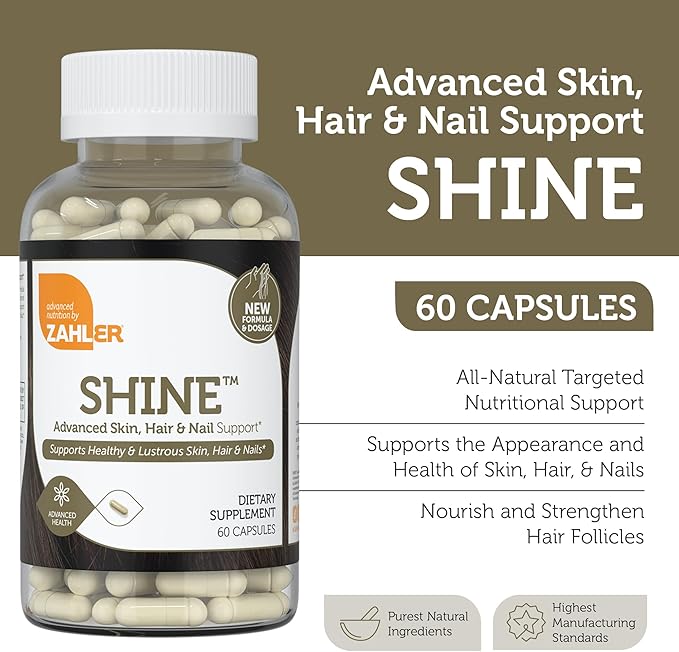Zahler Shine Hair Skin and Nails Vitamins for Women & Men - Multivitamin for Hair Growth, Stronger Nails and Skin Health - Kosher Supplement with Biotin, Keratin & Hyaluronic Acid (60 Capsules)