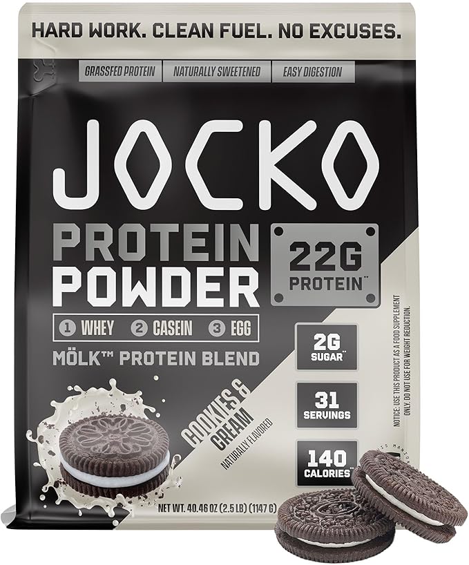 Jocko Mölk Whey Protein Powder - Keto, Probiotics, Grass Fed, Digestive Enzymes, Amino Acids, Sugar Free Monk Fruit Blend - Supports Muscle Recovery & Growth (2 LB, Cookies & Cream)