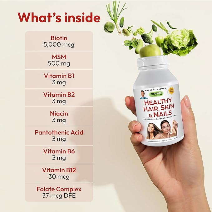 ANDREW LESSMAN Healthy Hair, Skin & Nails 360 Capsules – 5000 mcg High Bioactivity Biotin, B-Complex - Promotes Beautiful Hair, Skin, Strong Nails - No Additives Hair Growth Vitamins Biotin Supplement