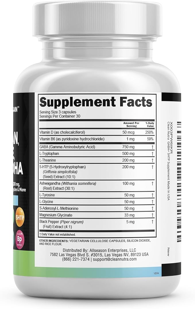 Clean Nutraceuticals GABA 750mg 5 HTP 200mg L Tryptophan 500mg L Theanine 200mg Ashwagandha SAM-e L-Glycine - Mood Support Vitamins for Women and Men with L-Tyrosine - Count