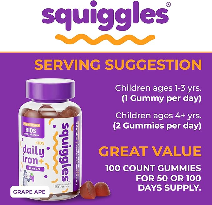 Squiggles Kids Daily Iron+ Gummies, Gummy Vitamin with Iron and Low Sugar, Boost of Vitamins, Minerals and Iron, Vegan Supplement, Chewy Yummy Gummies, Grape Flavor, 100 Gummies
