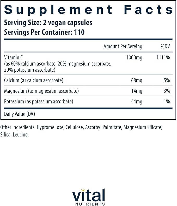 Vital Nutrients Buffered Vitamin C 500mg | Vegan Gentle Vitamin C for Sensitive Individuals* | Immune Support Supplement* | Gluten, Dairy and Soy Free | Non-GMO | 220 Capsules
