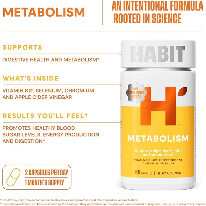 Habit Metabolism Supplement (60 Capsules) - Supports Digestive Health & Metabolism, Vitamin B12, Selenium, Chromium, Apple Cider Vinegar, Vegan, Non-GMO (1 Pack)