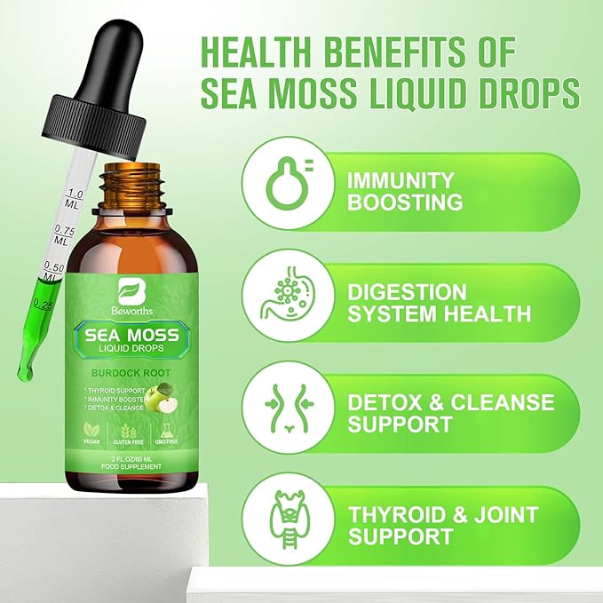 Sea Moss Liquid Drops - Organic Irish Sea Moss Gel with Burdock Root, Vitamin C, B12, 3000mg Seamoss Gel Supplement for Immune, Joint, Detox Cleanse & Digestive Support - 2 Fl Oz