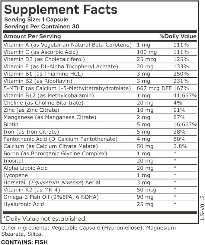 Womens Multivitamin Multimineral Horsetail, Iron, Biotin Complex with L Methylfolate for Ultra Absorption