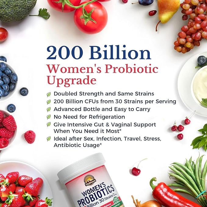 Vitalitown Women’s Probiotics | 200 Billion CFUs 30 Strains | 60 ct | Shelf Stable, Acid Resistant | Replenish Good Bacteria, Intensive Digestive & Vaginal Support | Vegan, Non-GMO
