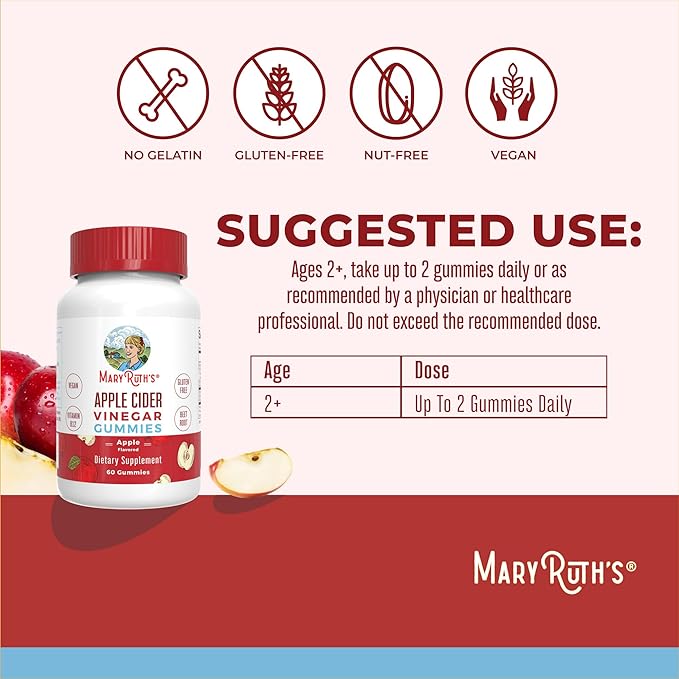 MaryRuth Organics Apple Cider Vinegar Gummies | ACV Gummies for Immune Support | Vegan | Non-GMO | Gluten Free | 60 Count