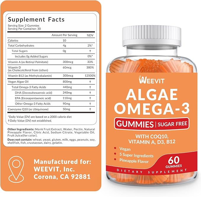 Vegan Omega 3 Gummies, Algae Omega 3 Supplement DHA 240mg, EPA 110mg w/Vitamin B12, CoQ10, Omega 3 Fish Oil Alternative for Adults - Brain, Bone, Joint, Eye & Immunity Support