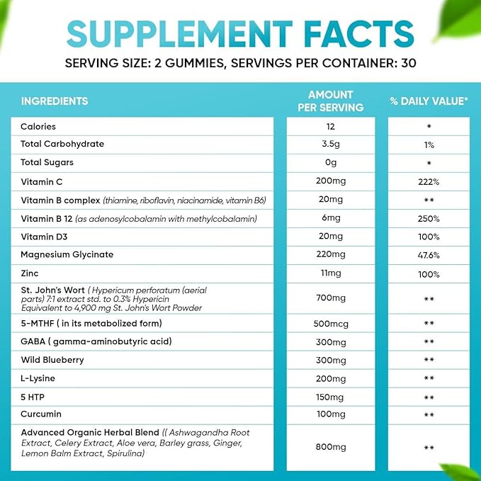 Sugar Free 22 in 1 Calm Mood Gummies St. John's Wort, 5-HTP, GABA, Ashwagandha| Magnesium Glycinate Gummies | Non-GMO, Natural Support Stress & Relaxation, Mood & Energy | Vegan, 60 ct.