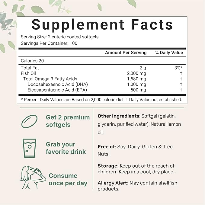 Omega 3 Fish Oil DHA Supplements 1000mg with EPA 500mg, 200 Softgels – Lemon Flavored, Burpless (Enteric Coated) | Deep Sea Fresh Fish, Wild Caught from Norwegian Waters | Mercury Free