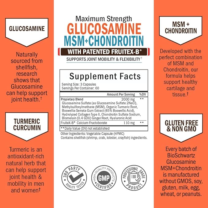 Glucosamine Chondroitin MSM Triple Strength Joint Support Supplement with Collagen Peptides, Turmeric and Ginger, Hyaluronic Acid, Glucosamine Chondroitin Sulfate - Gluten Free, Non GMO, 90 Capsules