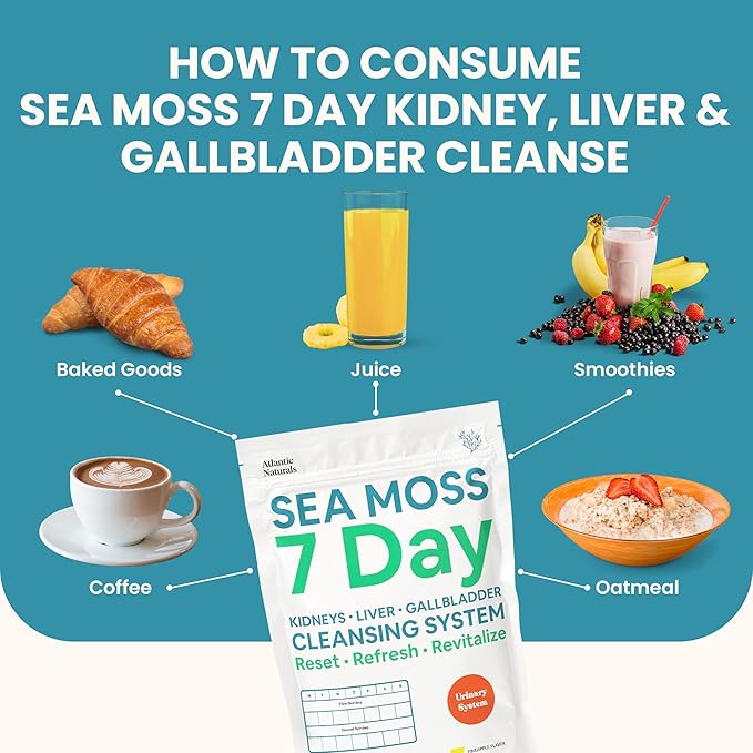 Atlantic Naturals Sea Moss 7 Day Detox Liver, Gallbladder & Kidney Cleanse - Support with Dandelion Root, Milk Thistle, Burdock Root, Red Clover, Chanca Piedra - Pineapple Flavor Drink Mix (14 oz)