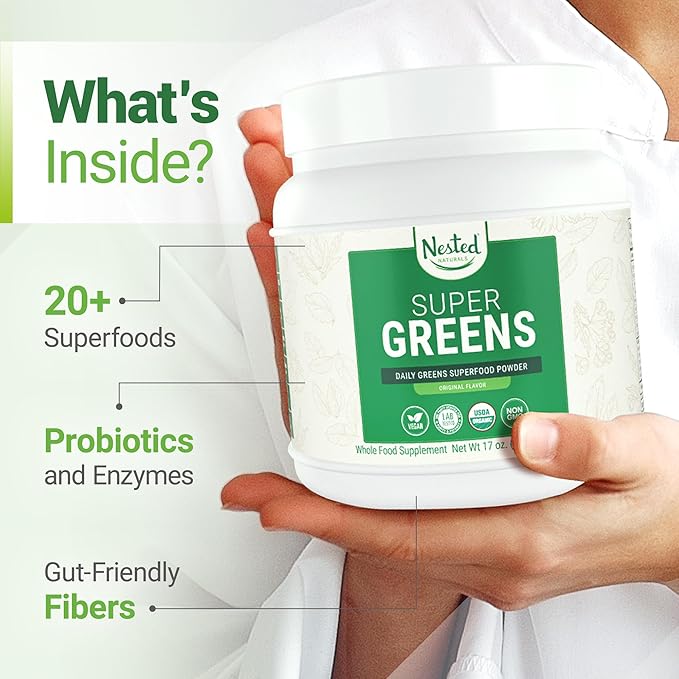 Super Greens Daily Greens Superfood Powder - Certified USDA Organic Green Powder w/20+ Whole Foods, Spirulina Powder, Wheat & Barley Grass - Probiotics, Fiber & Enzymes - Original Flavour, 60 Servings
