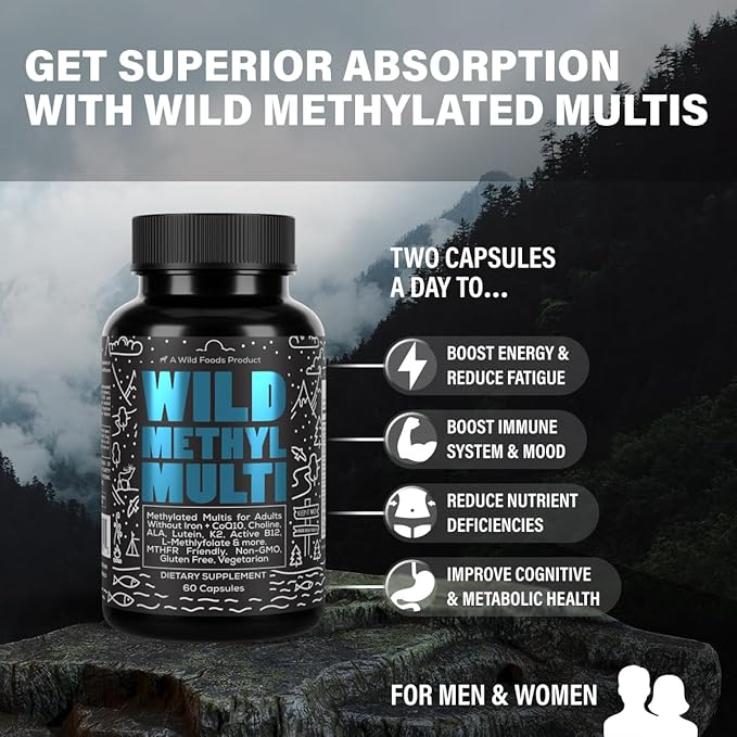 Wild Methylated Multivitamin for Women & Men | Daily Multi Vitamin | MTHFR Supplement Without Iron | Methylated B12, Folate, Vitamin C, A, K2, D, E, Choline, Biotin, ALA, CoQ10 & More (Pack of Two)