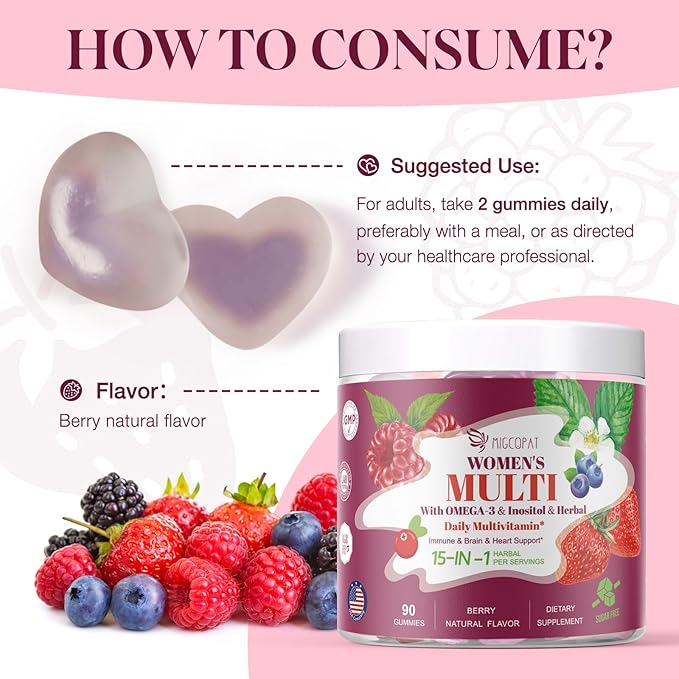 Womens Multivitamin Gummies with Prebiotics, Omega-3, Inositol, FOS, Vitamins A, C, D3, E, B12 – Sugar-Free Daily Support Heart, Brain Health, Gut, Digestion, Energy, Immune, Berry Flavor