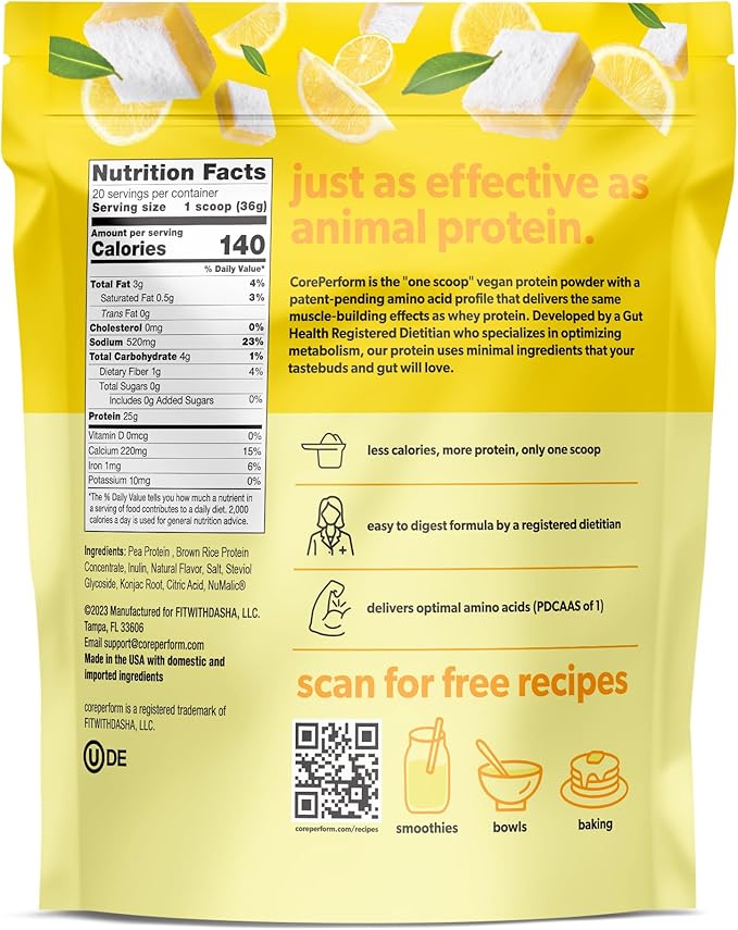 Core Perform's Plant Based Lemon Protein Powder, Low Fodmap, Gluten Free, Non GMO and Vegan, Developed by a Gut Health Registered Dietitian (20 Servings)