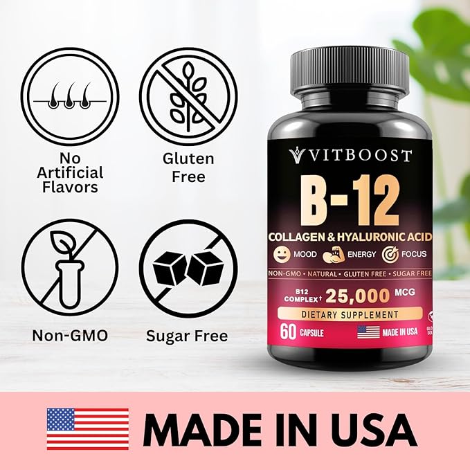 B12 with Hyaluronic Acid, Collagen, and Folate – Methylcobalamin 25,000 mcg B1, B2, B3, B6, B7 Complex for Enhanced Absorption & Energy Boost | Gluten-Free, Made in USA - Pack of 3