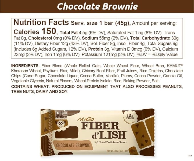 NuGo Fiber D'lish Variety Chocolate Brownie & Peanut Chocolate Chip, 12g High Fiber, Vegan, 5 Bars Each, 10 Count