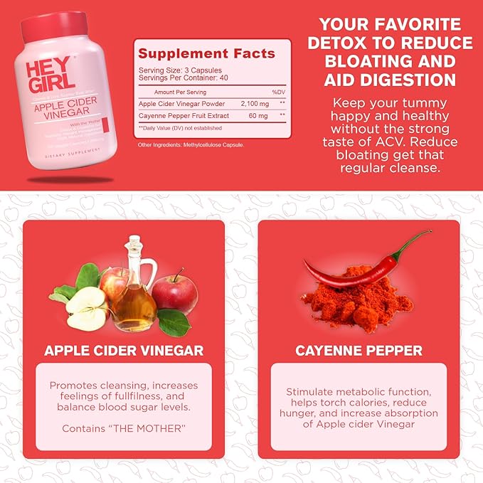 Apple Cider Vinegar Capsules with The Mother - 2160mg Apple Cider Vinegar Pills with Cayenne Pepper - 120 Vegan ACV Capsules with Mother for Detox Cleanse, Keto, Digestion & Bloating