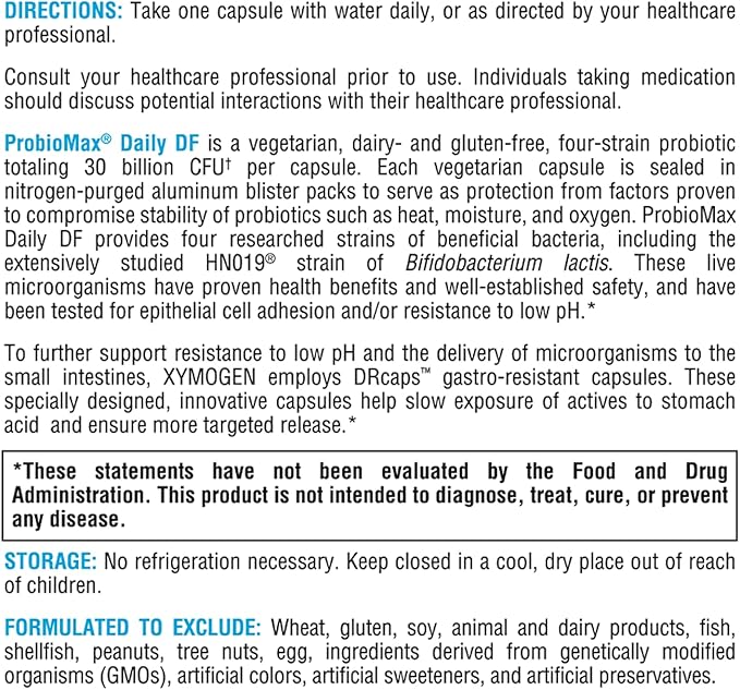 XYMOGEN ProbioMax Daily DF - 30 Billion CFU Probiotic Supplement - Dairy Free Probiotics for Digestive Health - Lactobacillus acidophilus + Bifidobacterium longum (60 Acid Resistant Capsules)