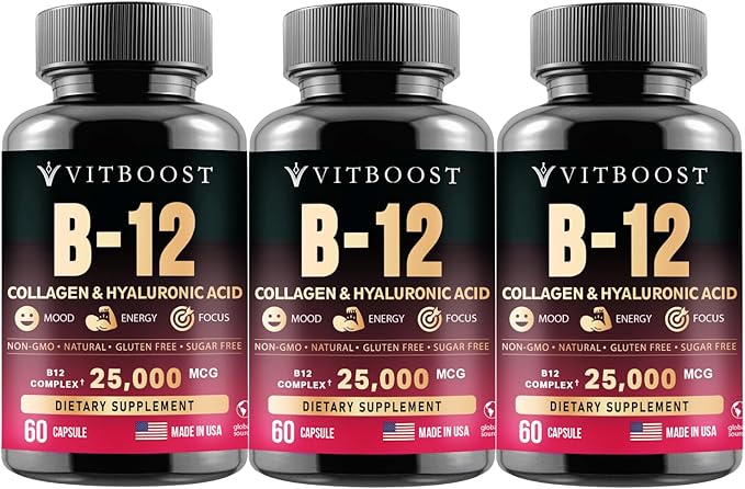 B12 with Hyaluronic Acid, Collagen, and Folate – Methylcobalamin 25,000 mcg B1, B2, B3, B6, B7 Complex for Enhanced Absorption & Energy Boost | Gluten-Free, Made in USA - Pack of 3