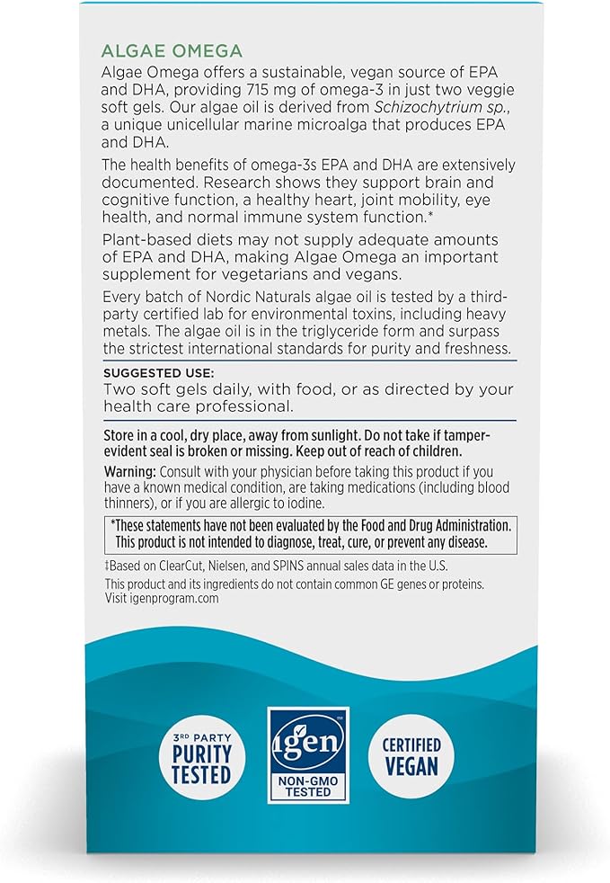 Nordic Naturals Algae Omega - 90 Soft Gels - 715 mg Omega-3 - Certified Vegan Algae Oil - Plant-Based EPA & DHA - Heart, Eye, Immune & Brain Health - Non-GMO - 45 Serving