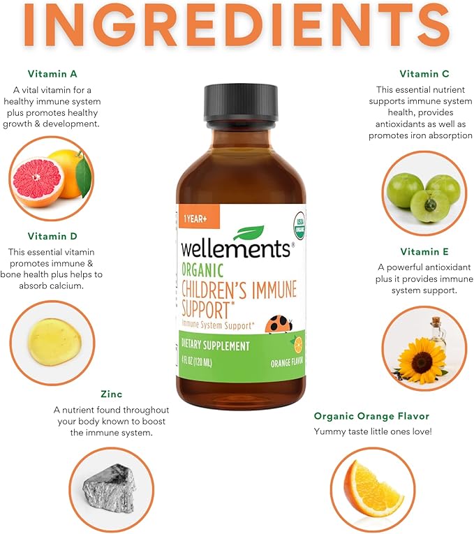 Wellements Organic Children’s Immune Support Syrup | Immune System Support* for Kids w/Vitamin C & Zinc, USDA Organic, Free from Dyes, Parabens & Top 9 Most Common Allergens | Orange Flavor, 4 fl oz